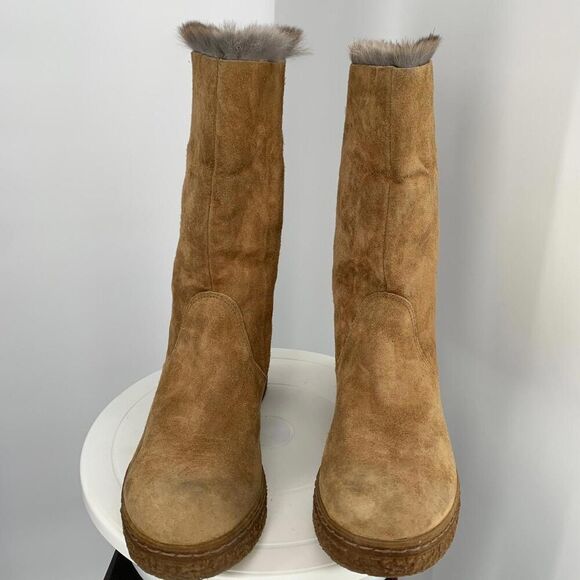ELENA made in Italy genuine suede leather rabbit fur trim boots 7 wedge platform - Picture 2 of 11